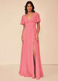 Azazie Kimber Bridesmaid Dresses Flamingo A-Line Flounce Sleeve Chiffon Dress image2
