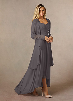 Azazie Anne Abiti per la Madre della Sposa Abito Tubino in Pizzo con Scollo a Cuore e Paillettes Grigio Acciaio image3