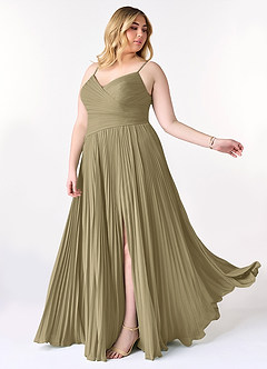 Azazie Vini Vestidos de damas de honor Vestido de Musgo Verde de Gasa de Corte en A con Cuello en V Plisado image10