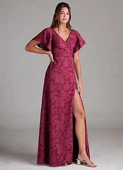 Azazie Ambrosia Brautjungfernkleider A-Linie Plissee Blumen-Burnout Kleid Burgunderrot image3