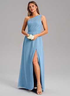 Azazie Phaedra Abiti da Damigella Abito A-Line in Chiffon Monospalla Blu Acciaio image12