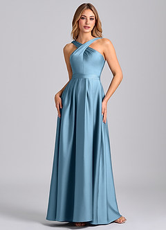 Azazie Dixie Bridesmaid Dresses Steel Blue A-Line Pleated Stretch Satin Dress image4