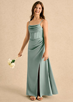 Azazie Lexy Girls Formal Robe Demoiselle D'honneur Fillette Robe Trapèze en Satin extensible Plissé Agave image3