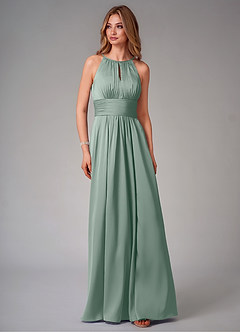 Azazie Bonnie At-home Try On Dresses Dusty Blue A-Line Pleated Stretch Satin Dress image6