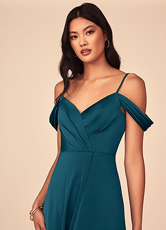 Azazie Ocean Bridesmaid Dresses Ink Blue A-Line V-Neck Pleated Stretch Satin Dress image4
