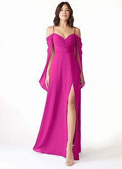 Azazie Cienna Bridesmaid Dresses Fuchsia A-Line Off the Shoulder Chiffon Dress image1
