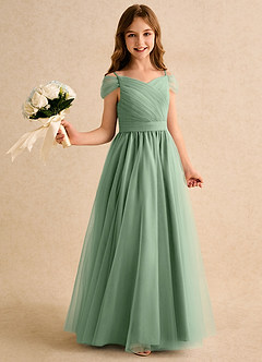 Azazie Yuna Girls Formal Flower Girl Dresses Matcha A-Line Off the Shoulder Tulle Dress image1