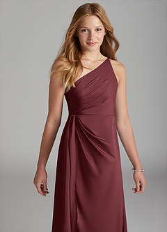 Azazie Mika Junior Robe Trapèze en Satin extensible Plissée Merlot image7