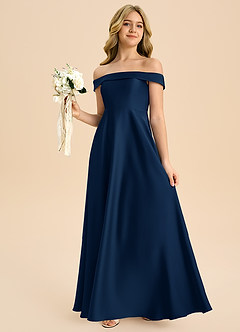 Azazie Sissy Junior Dark Navy A-Line Off the Shoulder Stretch Satin Dress image3