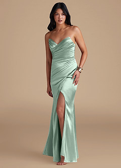 Azazie Yola Bridesmaid Dresses Agave Sheath Pleated Metallic Satin Dress image5