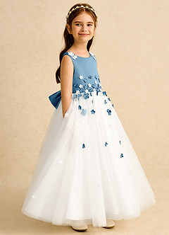 Azazie Eleni Flower Girl Dresses Ivory Steel Blue Ball-Gown Bow Tulle Dress image3