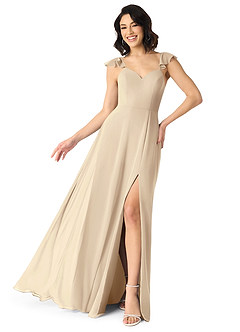 Azazie Everett Robes de demoiselle d'honneur Robe Trapèze en Mousseline de soie Col V froncé Champagne image5