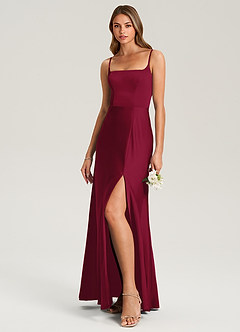 Azazie Lidia Bridesmaid Dresses Burgundy Mermaid Side Slit Stretch Satin Dress image3