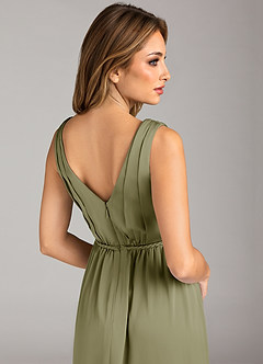 Azazie Tanicia Bridesmaid Dresses Pistachio A-Line Pleated Stretch Satin Dress image7