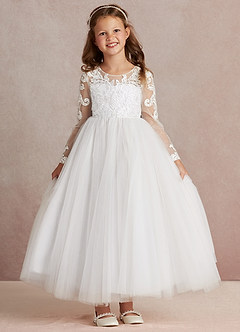 Azazie Elodie Flower Girl Dresses Ivory White Ball-Gown Lace Dress image3