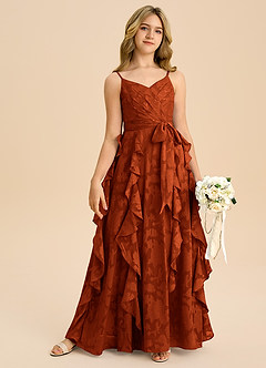 Azazie Peyton Junior Abito A-Line in Burnout Floreale Plissettato Paprika image6