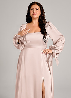 Azazie Leonia Bridesmaid Dresses Blushing Pink A-Line Long Sleeve Stretch Satin Dress image9