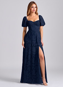 Azazie Mirian Brudtärnklänningar Klä av A-Linje i Blommig Utbrändhet Älskling Halsringning Mörk Marinblå image1