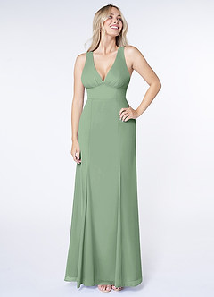 Azazie Christiana Robes de demoiselle d'honneur Robe Trapèze en Mousseline de soie Col V plissé Matcha image1