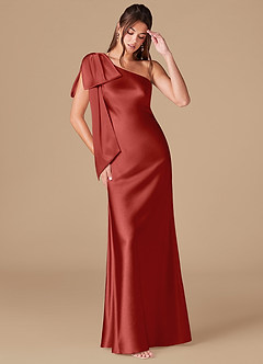 Azazie Capri Robes de demoiselle d'honneur Robe Fourreau en Satiné métallisé Ue épaule Rouille image1