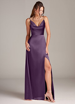 Azazie Sarella Bridesmaid Dresses Plum A-Line with Pockets Metallic Satin Dress image3