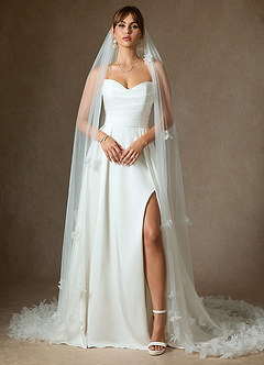 front Scattered 3D Flowers Cathedral Length Veil