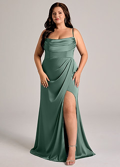 Azazie Johana Brudtärnklänningar Klä av Sjöjungfru i Stretch Satin Av axeln Eukalyptus Konvertibel image13