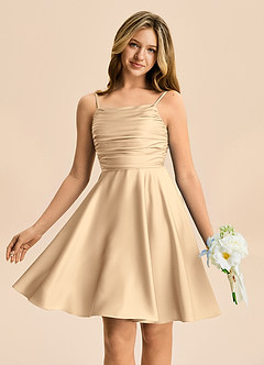 Azazie Miko Junior Champagne A-Line Pleated Stretch Satin Dress image1