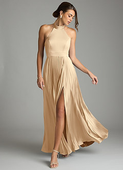 Azazie Zienna 신부 들러리 드레스 A라인 주름진 스트레치 새틴 바닥 길이 드레스 image3