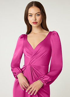 Azazie Mel Bridesmaid Dresses Fuchsia Sheath Long Sleeve Stretch Satin Dress image5