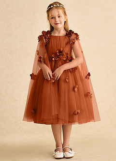 Azazie Staria Flower Girl Dresses Burnt Orange Ball-Gown Ruched Tulle Dress image3