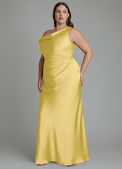 Azazie Emerson Bridesmaid Dresses Canary Mermaid Off the Shoulder Stretch Satin Dress image11