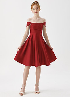 Azazie Amira Junior Pomegranate A-Line Pleated Stretch Satin Dress image5
