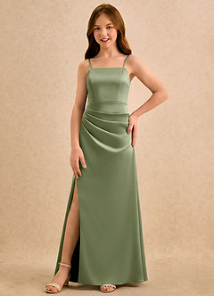 Azazie Cannoli Girls Formal Flower Girl Dresses Pistachio A-Line Pleated Stretch Satin Dress image5