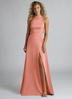 Azazie Clarice Bridesmaid Dresses Coral A-Line High Neck Stretch Satin Dress image4