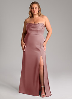Azazie Saige Vestidos de damas de honor Vestido de Rosa Polvorienta de Satén Elástico de Corte Recto con Vestidos sin tirantes image16