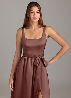 Azazie Elliott Bridesmaid Dresses Espresso A-Line with Pockets Stretch Satin Dress image2