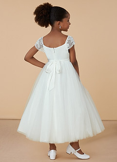 Azazie Little Flower Girl Dresses Diamond White A-Line Lace Tulle Dress image2