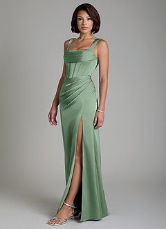 Azazie Amora Vestidos de damas de honor Vestido Matcha de Satén Elástico de Corte Sirena con Corsé image6