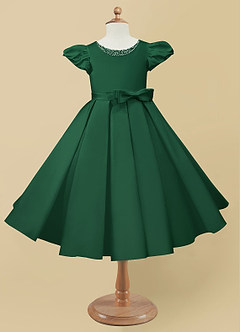 Azazie Jewel Flower Girl Dresses Dark Green Ball-Gown Pleated Matte Satin Dress image4