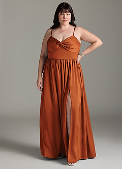 Azazie Zeya Bridesmaid Dresses Cinnamon A-Line Pleated Stretch Satin Dress image9