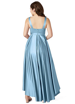 Azazie Inaya Junior Steel Blue A-Line with Belt Stretch Satin Dress image2