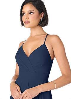 Azazie Avelina Bridesmaid Dresses Dark Navy A-Line V-Neck Pleated Chiffon Dress image4