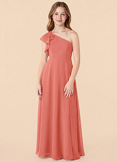 Azazie Arabella Junior Salmon Pink A-Line Ruched Chiffon Dress image4
