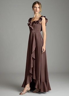 Azazie Lyra Bridesmaid Dresses Ganache A-Line Off the Shoulder Stretch Satin Convertible Dress image4