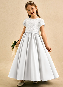 Azazie Cashew Robe Demoiselle D'honneur Fillette Robe Princesse en Mat Satiné avec manches Blanc image3