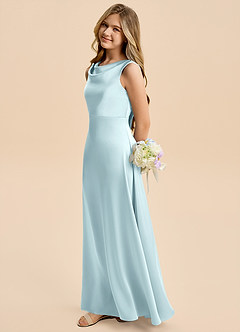 Azazie Kiki Junior Cloud Blue A-Line Bow Stretch Satin Dress image3
