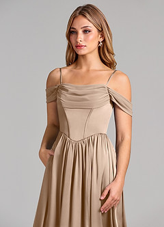 Azazie Raisa Bridesmaid Dresses Taupe A-Line Off the Shoulder Stretch Satin Dress image7
