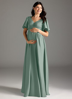Azazie Verna Maternity Bridesmaid Dresses A-Line Ruched Stretch Satin Floor-Length Dress image3