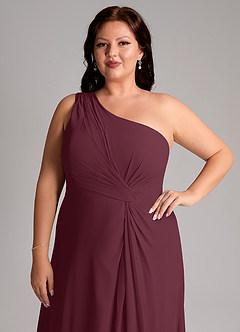 Azazie Brooke Vestidos de damas de honor Vestido de Cabernet de Gasa de Corte en A con Hombro unilateral image13